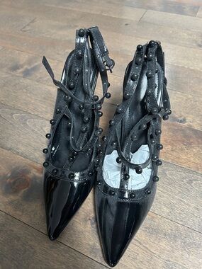 Black Pointed Patent Lace-Up Women's Heels with Stud Detail